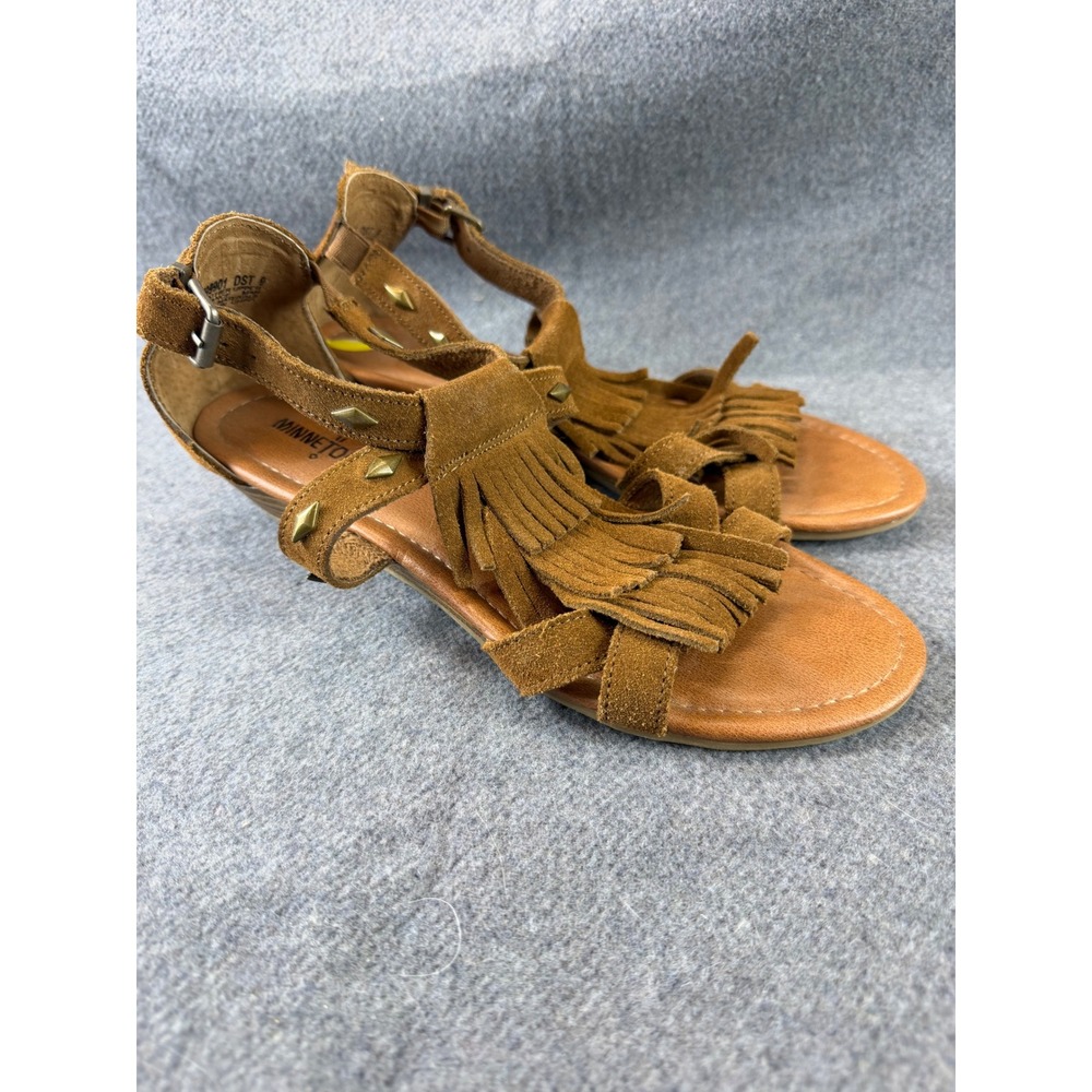 Minnetonka Sandals Women 9 Brown Leather Suede Fringe‎ Studded Flats Boho